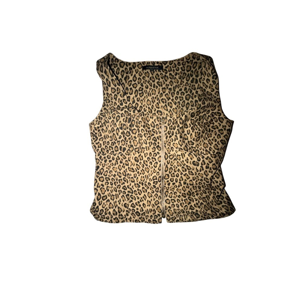 Olivaceous Leopard Print Sleeveless Zip Up Top Sz S Y2K Scoop Neck Boho Retro